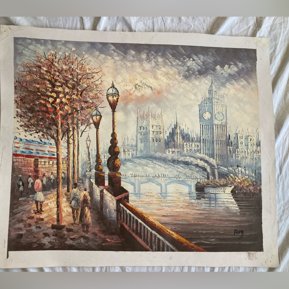 Oil on canvas cityscape of London England view towards Big Ben and Parliament